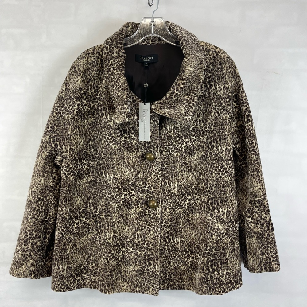 Talbots Animal Print Jacket Size 12 Brown Black‎ Button Front Swing Coat NEW